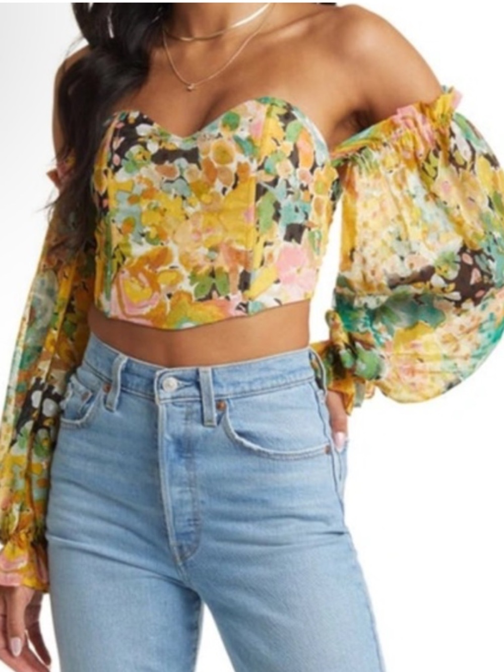 Vici Yellow Multi Floral Off-Shoulder Crop Top XS new!